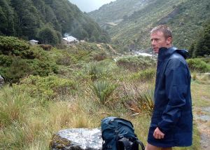A damp Richard contemplates the Young Hut
